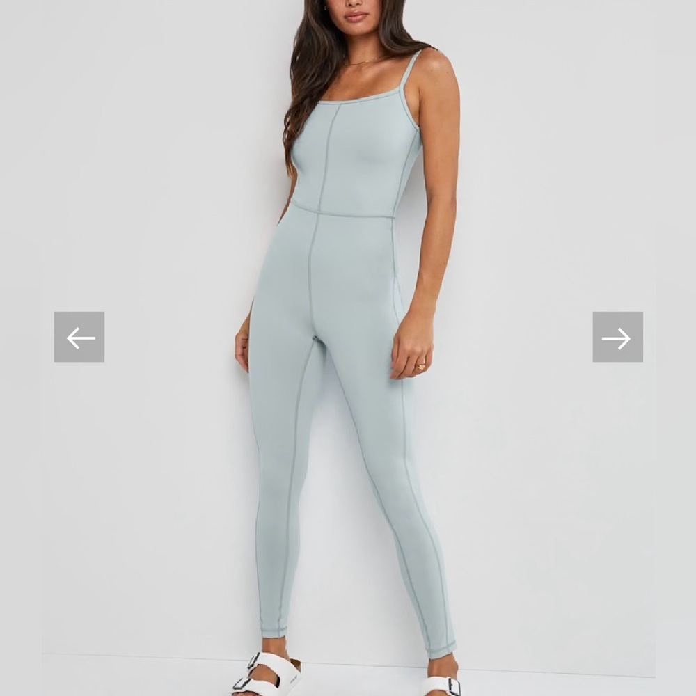 Wilfred Divinity Sky Blue Fitted Spaghetti Strap Jumpsuit Athleisure